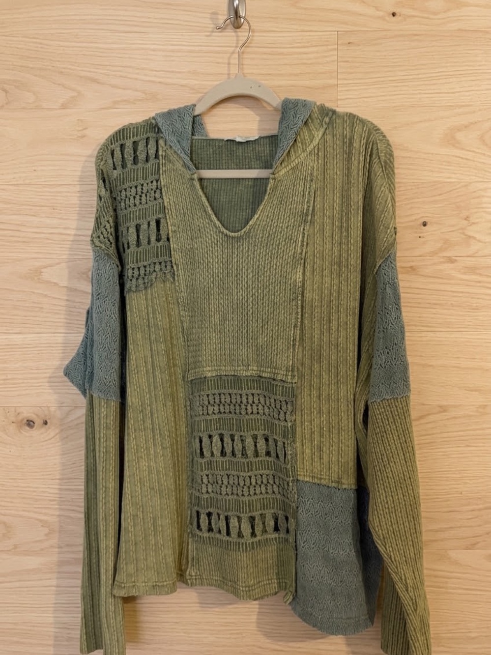Oli & Hali 100% Cotton Colorblock Green Hooded Open-Knit V-Neck Sweater Sz L